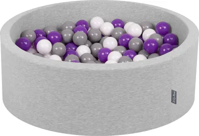 Zdjęcie produktu dla KiddyMoon suchy basen okrągły z piłeczkami 7cm jasnoszary: biały-szary-fiolet 90x30cm/200piłek zabawka basen piankowy