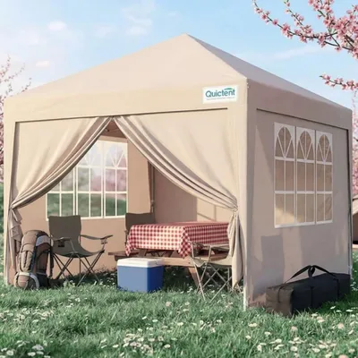 Image de Pavillon de jardin 3x3 mètres, imperméable, avec parois latérales, protection UV 50+, structure en acier, couleur beige