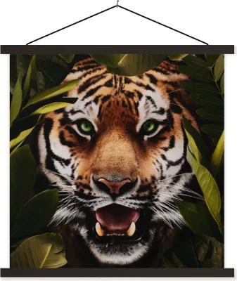 Produktbild von MuchoWow® Textilposter Tiger - Blätter - Tiere 60x60 cm mit schwarzem Rahmen - Posteraufhänger