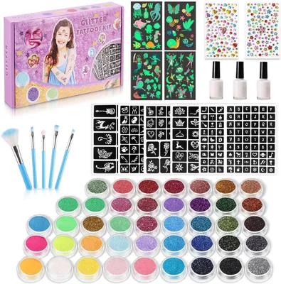 Produktbild von Glitter Tattoo Set, 42 Farben, 215 Strasssteine, 204 Schablonen, 24 Glitzerpulver, 3 Kleber, 5 Pinsel, fuer