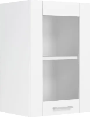 A white kitchen wall cabinet with a single door and a drawer, featuring two open shelves.