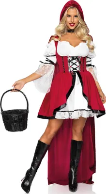 A woman wearing a Little Red Riding Hood costume, holding a basket.