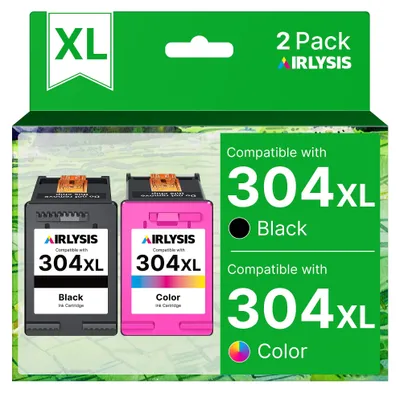 Productafbeelding van AIRLYSIS 304XL Gereviseerde inktpatronen. Vervanging voor HP 304, zwart en kleur, geschikt voor Envy 5030, 5032, 5020, 5010, Deskjet 3760, 2630, 3750, 2620, 2622, 3720, 3762, 3730, 3733 (1 zwart, 1 driekleur)