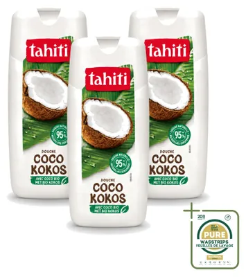 Immagine prodotto di 3 flaconi di bagnoschiuma Tahiti con cocco biologico - Vegano - 300 ml - Confezione risparmio - 3 pezzi