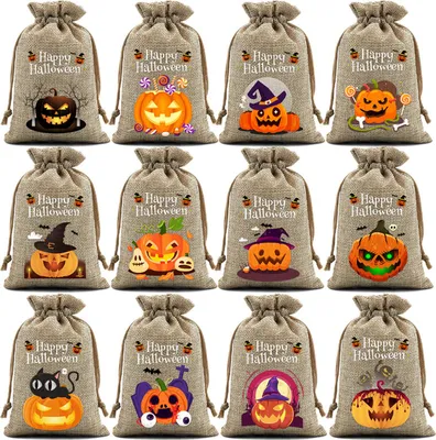 Produktbild von 12 Stück Halloween-Kürbis-Geschenktüten aus Sackleinen, kleine Goodie-Treat-Tasche mit Kordelzug, Halloween-Leinen-Jute-Süßigkeitentüte für Kinder, Trick or Treat-Partyzubehör