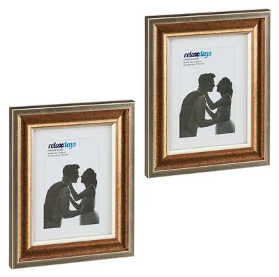 Productafbeelding van Relaxdays set van 2 fotolijsten, 15x20 cm, geschikt voor zowel portret- als landschapsformaten, fotolijsten om op te hangen of neer te zetten, met passe-partout, goudkleurig