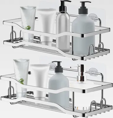 Produktbild von Duschablage Ohne Bohren, 2 Stück Duschkorb Selbstklebend, Rostfrei Shampoo Halterung Dusche, Duschregal Großes Fassungsvermögen mit 2 Haken,Badezimmer Regal für Badezimmer Küche