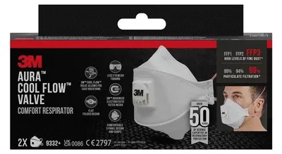 Produktbild von 70x 3M™ Aura™ Comfort Cool Flow™ Partikelmaske 9332+, FFP3, mit Ventil, 2er-Packung | Packung (6 Stück)