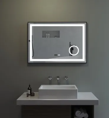 Produktbild von Badezimmerspiegel mit Beleuchtung und Uhr 100x70 cm Beschlagfrei 3-fach Vergrößerung Touch Helligkeit einstellbar
