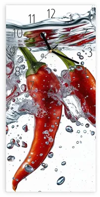 Produktbild von Wanduhr aus Glas mit Motiv Chilis im Wasser- 30 x 60 cm - inkl. Aufhängesystem