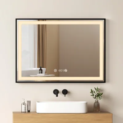 Obrázok produktu pre EMKE kúpeľňové zrkadlo LED zrkadlo 50x70cm kúpeľňové zrkadlo osvetlené zrkadlo s čiernym rámom dotykový spínač, funkcia proti zahmlievaniu a hodiny