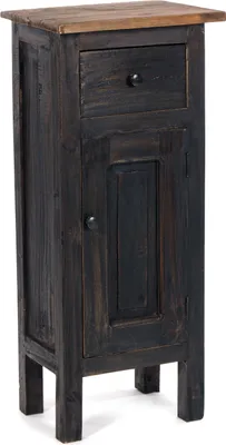 A dark wood bedside table with a single drawer and a cabinet door.