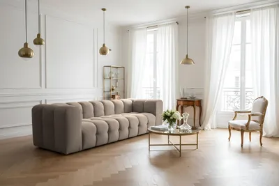 Produktbild von Sofa Designersofa SOLVIE 4-Sitzer in Stoff Tiffani Taupe