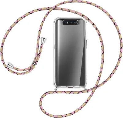 Produktbild von Handykette Backcover-Schutzhülle mit Band (Metall silberfarben) für Samsung Galaxy A80 - rosa Karo