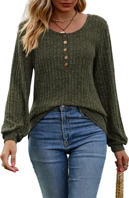 Produktbild von ASKSA Damen Langarmshirt Rundhals Knoepfen Rippstrick Strickpullover Oberteile Tunika Tops Pullover, Armeegruen, M