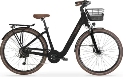A black electric city bike with brown accents, presented on a white background.