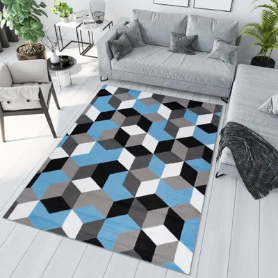 Image de Tapis MAYA Moderne Crème Noir Bleu Chambre 80 x 150 cm