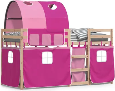 Produktbild von vidaXL Etagenbett mit Vorhängen Rosa 90x190 cm Massivholz Kiefer
