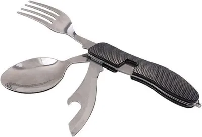 Produktbild von 4in1 Camping Besteck klappbar in Schwarz, Reisebesteck aus rostfreiem Edelstahl, Outdoor Besteck, Bundeswehr Feldbesteck