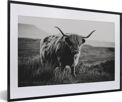 Produktbild von MuchoWow® Gerahmtes Poster Schottische Hochlandbewohner - Natur - Kühe - Tiere - Schwarz und weiß 60x40 cm - Poster mit Schwarzem Bilderrahmen Wandposter Rahmen Foto Bilder - Schlafzimmer - Plakat in Rahmen - Drucken