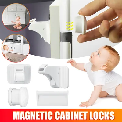 A collage showing magnetic cabinet locks, a baby interacting with cabinets, and a close-up of the lock mechanism.