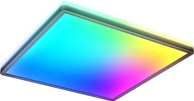 A square LED panel light with a gradient of colors.