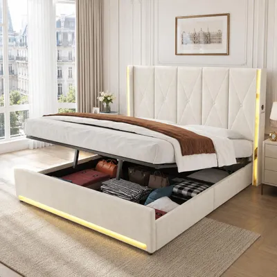 Produktbild von Zerbaco Polsterbett, Doppelbett, 180x200 cm, mit Bettkasten, hydraulisch, USB und Type-C, LED-Beleuchtung, Beige, mit Lattenrost, KI-generiertes Bild