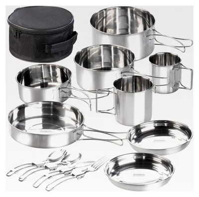 Produktbild von Campinggeschirr: 12-teiliges Edelstahl-Campinggeschirr-Set mit Besteck und Tasche