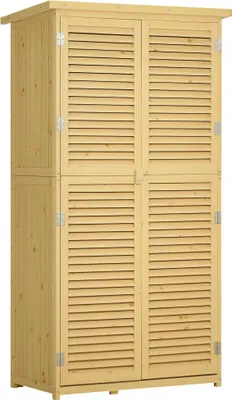 Produktbild von Gartenschrank, Holz, Geräteschuppen, Gerätehaus, Asphaltdach, Lamellentür, 4 Fächer, Naturholz, 87 x 46,5 x 160 cm
