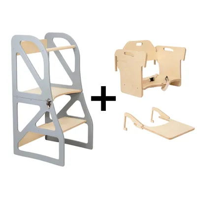 Produktbild von leg&go Verstellbarer Lernturm 2-in-1 Securestep Grau Set - Montessori Lernturm mit Fütterungsstuhl & Tisch