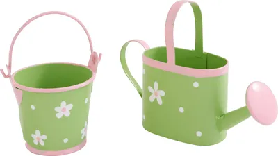 Produktbild von Mini Gießkanne und Eimer Set aus Zink, grün-rosa, mit Blumen- und Punktmuster