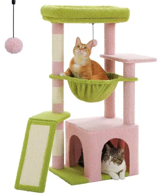 Productafbeelding van Kattenboom - Kattenkooi - 4 niveaus - Hout - Kattenhol - Krabpalen - Hangmat - Roze