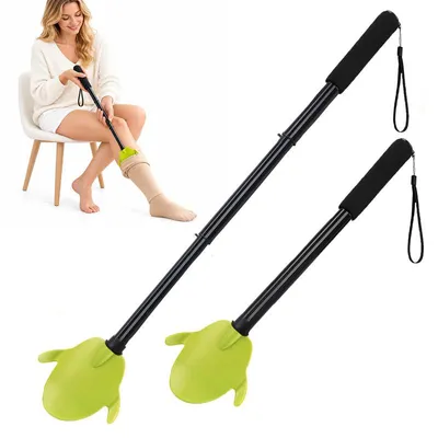 Produktbild von Strumpfanziehhilfe mit langem Griff, Sockeneinfädler aus Aluminium, Verstellbar 40–65 cm, rutschfester Sockenabzieher für Senioren