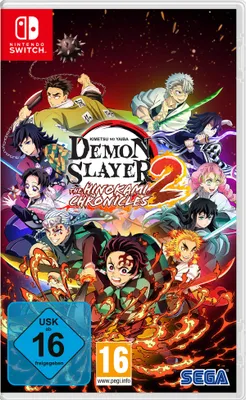 The image is a promotional artwork for the video game 'Demon Slayer - Kimetsu no Yaiba - The Hinokami Chronicles 2' on Nintendo Switch. It features multiple anime characters in action poses with fiery effects.