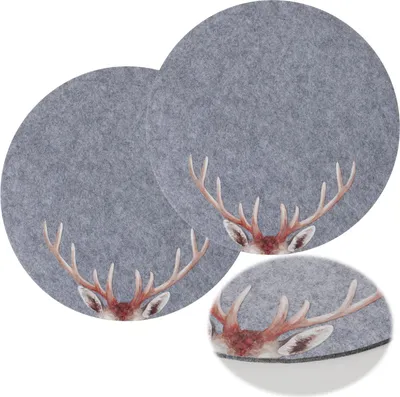 Produktbild von 2x Filz Tischset Platzset Hirschgeweih Hellgrau 38cm Rund Platzdeckchen Platzmatte