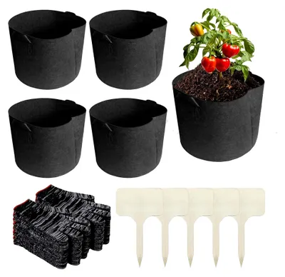 Produktbild von 5X 40L Pflanzsack mit Umtopfmatte, Vliesstoff Pflanzsäcke mit Griffen, Stofftopf mit 100 cm x 100 cm Pflanzmatte für Kartoffeln, Tomaten und Gemüse