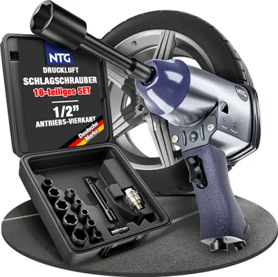 Produktbild von NTG Druckluft Schlagschrauber 310 Nm 1/2 Zoll mit Koffer und 10 Nüssen für Reifenwechsel KFZ Werkstatt Set 16-teilig mit Drehmoment Schnellkupplung Mini Nebelöler 6,3 bar