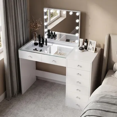 Image de Coiffeuse avec Miroir LED, 8 Tiroirs Blanc 120 x 55 x 127 cm