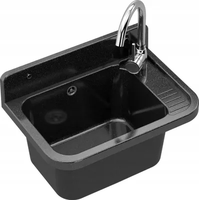 A black sink with a chrome faucet is shown against a white background.