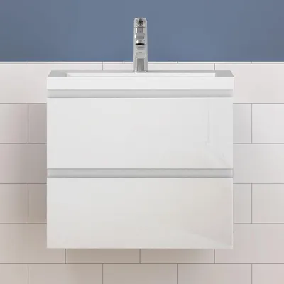Produktbild von Waschtisch mit Unterschrank 60cm Alast Badmöbel Set Hochglanz Weiß Rechteckiges Waschbecken mit Unterschrank MDF Softclose