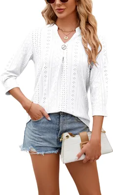 Produktbild von ASKSA Damen T-Shirt 3/4 aermel Aushoehlen Bluse V-Ausschnitt Sommer Tunika Elegant Shirts Tops, Weiss, Groesse: M