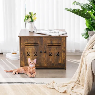Produktbild von Katzenhaus Katzentoilette mit Doppelten Lamellentüren Katzenschrank 70 x 52 x 51 cm Braun