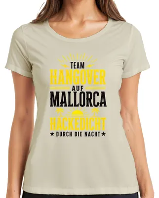 Obrázok produktu pre Tričko s nápisom "Team Hangover" (Záchvevy smiechu), motív večierky na Mallorce, pre dámy, farba: prírodná, veľkosť: 3XL