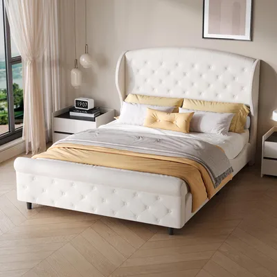 Image de Lit rembourré UnboxG 140x200 cm beige, lit double avec revêtement en velours, cadre de lit rembourré avec sommier à lattes, lit moderne en tissu avec tête de lit confortable pour chambre à coucher