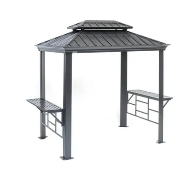 A gray metal gazebo with two built-in shelves against a white background.