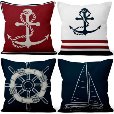 Productafbeelding van Set van 4 marinekussenslopen, 55x55 cm, met zeilbootmotief