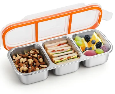 Productafbeelding van Bento-lunchbox met lekvrije deksels, 3 compartimenten, herbruikbare snackbox, roestvrij staal, voor het n van voedsel, lunchbox, snackbox