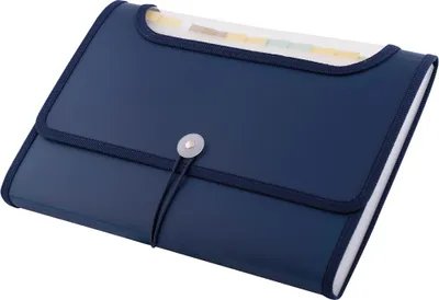 Productafbeelding van D.RECT 5590: Map met 12 vakken, geschikt voor documenten, archivering en organisatie. Uitbreidbaar, draagbaar, geschikt voor thuis, school en reizen. Marineblauw, met ronde elastische band en sluitknop. Formaat: A4