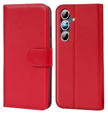 A red book-style phone case is shown, open to reveal the inside and closed to show the exterior.