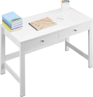 Produktbild von Schreibtisch mit Schublade - Kleiner Arbeitstisch - Platzsparend - Mit Ablage - Rechteckig - MDF - Für Schlafzimmer & Homeoffice - Weiß